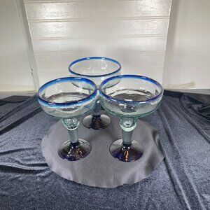 Hand-Blown Cobalt Blue Rimmed Mexican Margarita Glasses with Blue Rim - Set of 3